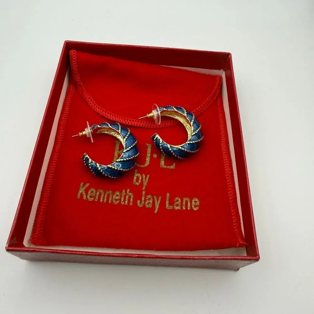 Kenneth Jay Lane Candy Blue Enamel Hoop Earrings Rhinestones Twist VTG Gold New - Picture 5 of 5
